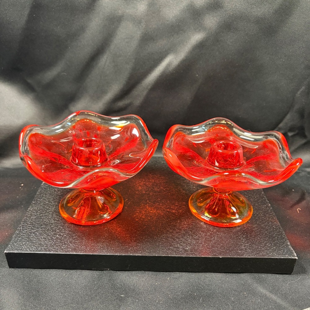 Vintage Mid Century Amberina Ruby Red Art Glass Ruffled Candle Holder Pair 5in